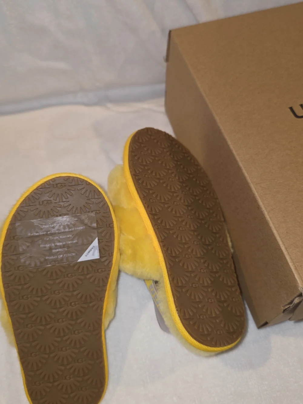 UGG Kids Yellow Fluff Slide with Branded Heel Strap